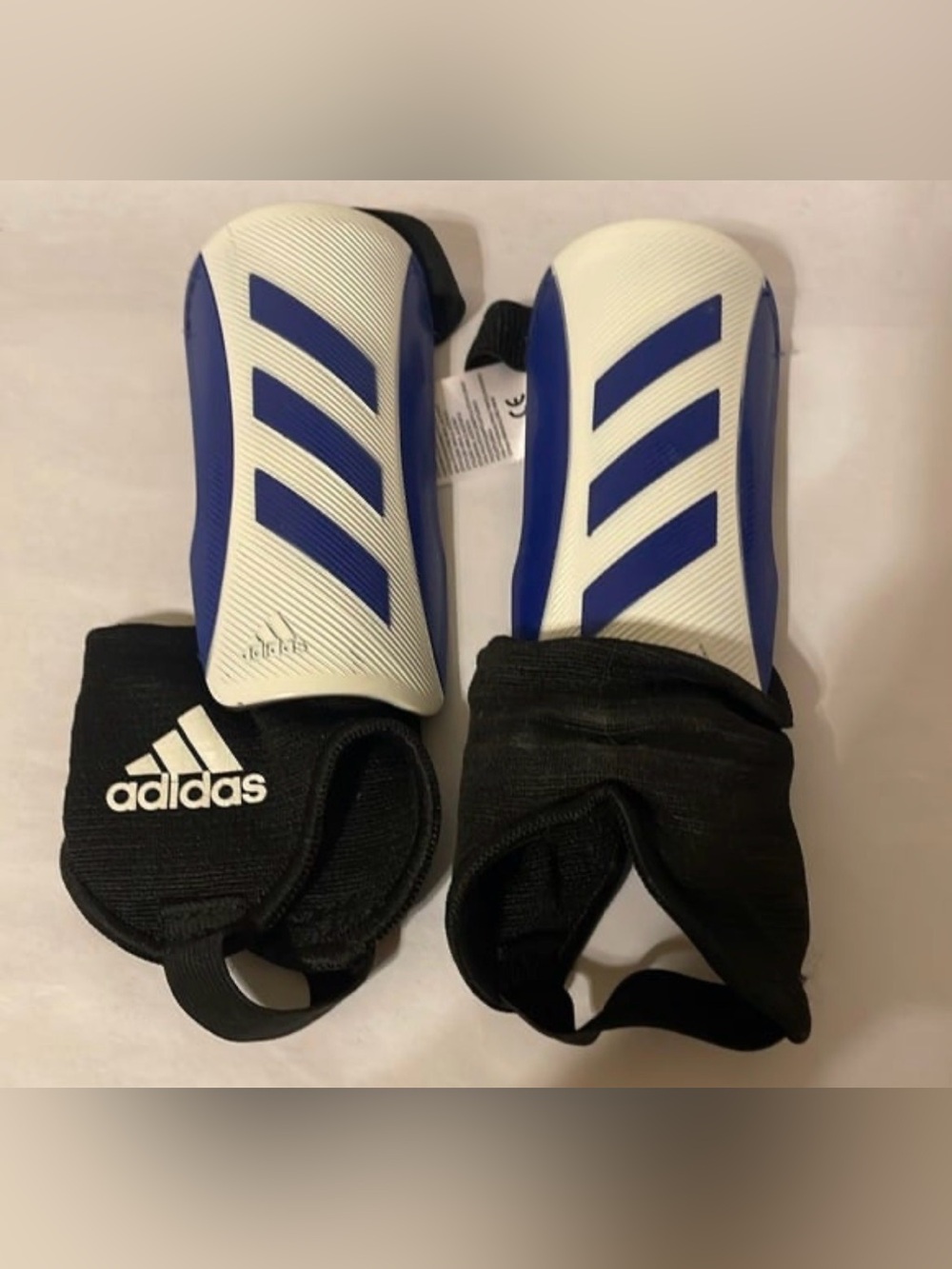 adidas White and Blue Soccer Shin Guards with Black Ankle Sleeves